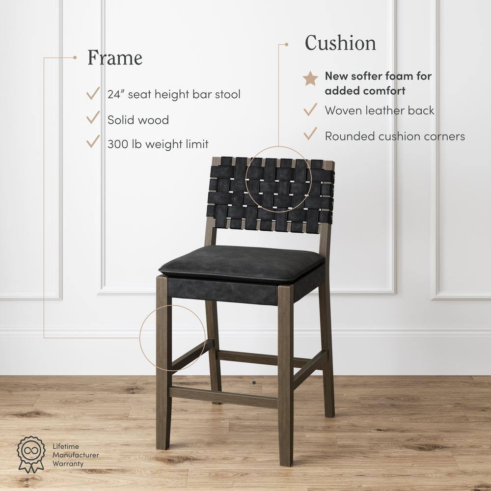 Cohen Black Faux Leather Saddle Bar Stools with Wood Frame, Set of 4