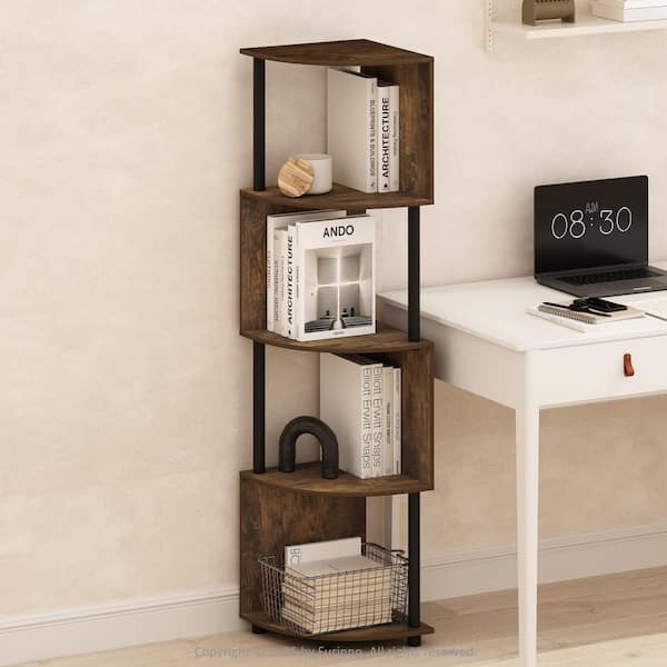 Basic 57.72 in. Tall Amber Pine/Black Wood 4-Shelf Corner Bookcase with Zigzag Design