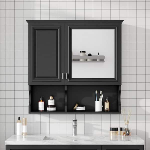 30 in. W x 28.7 in. H Black Rectangular MDF Medicine Cabinet with Mirror, Adjustable Shelf, Storage Cabinet over Toilet