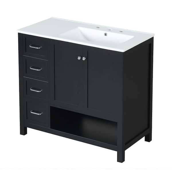 36 in. W x 18 in. D x 34 in. H Single Sink Freestanding Bath Vanity in Black with White Ceramic Top