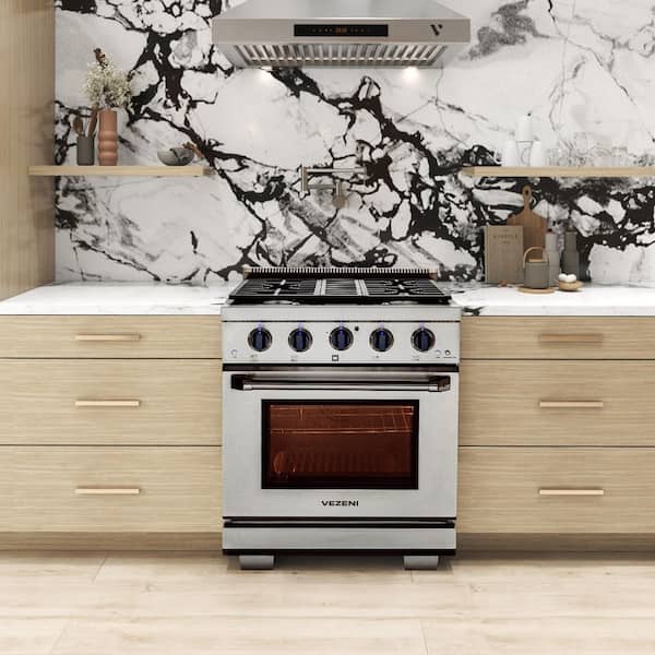 Randolph 30 in. 4-German Brass Burners Freestanding Gas Stainless Stee Range with Infrared Boiler, Blue LED Knobs