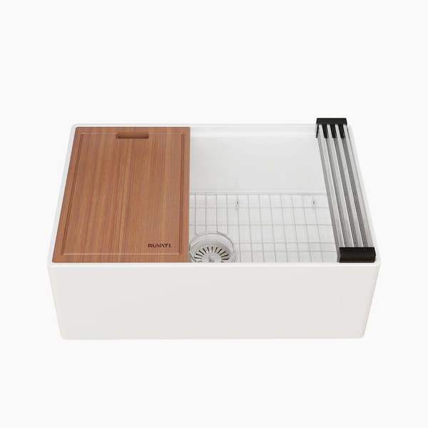 Fiore 27 in. Apron-Front Farmhouse Single Bowl White Fireclay Kitchen Sink and with Workstation Accessories