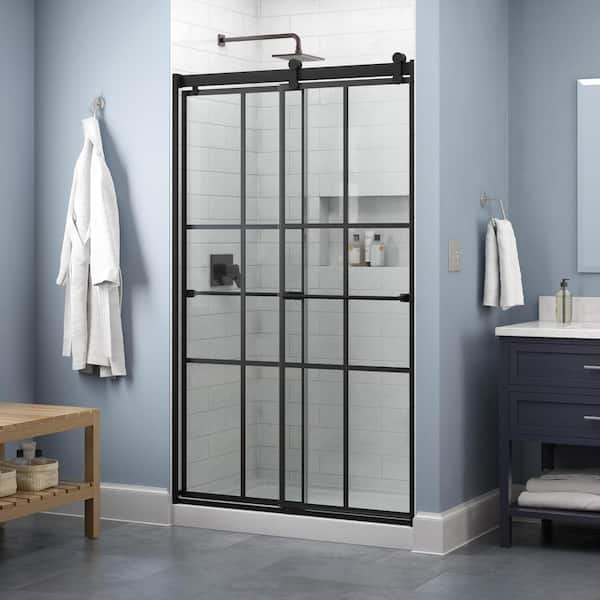 Delta Lyndall Contemporary 43-3/8 to 47-3/8 in. W x 71 in. H Frameless Sliding Shower Door, Matte Black, Ingot Glass