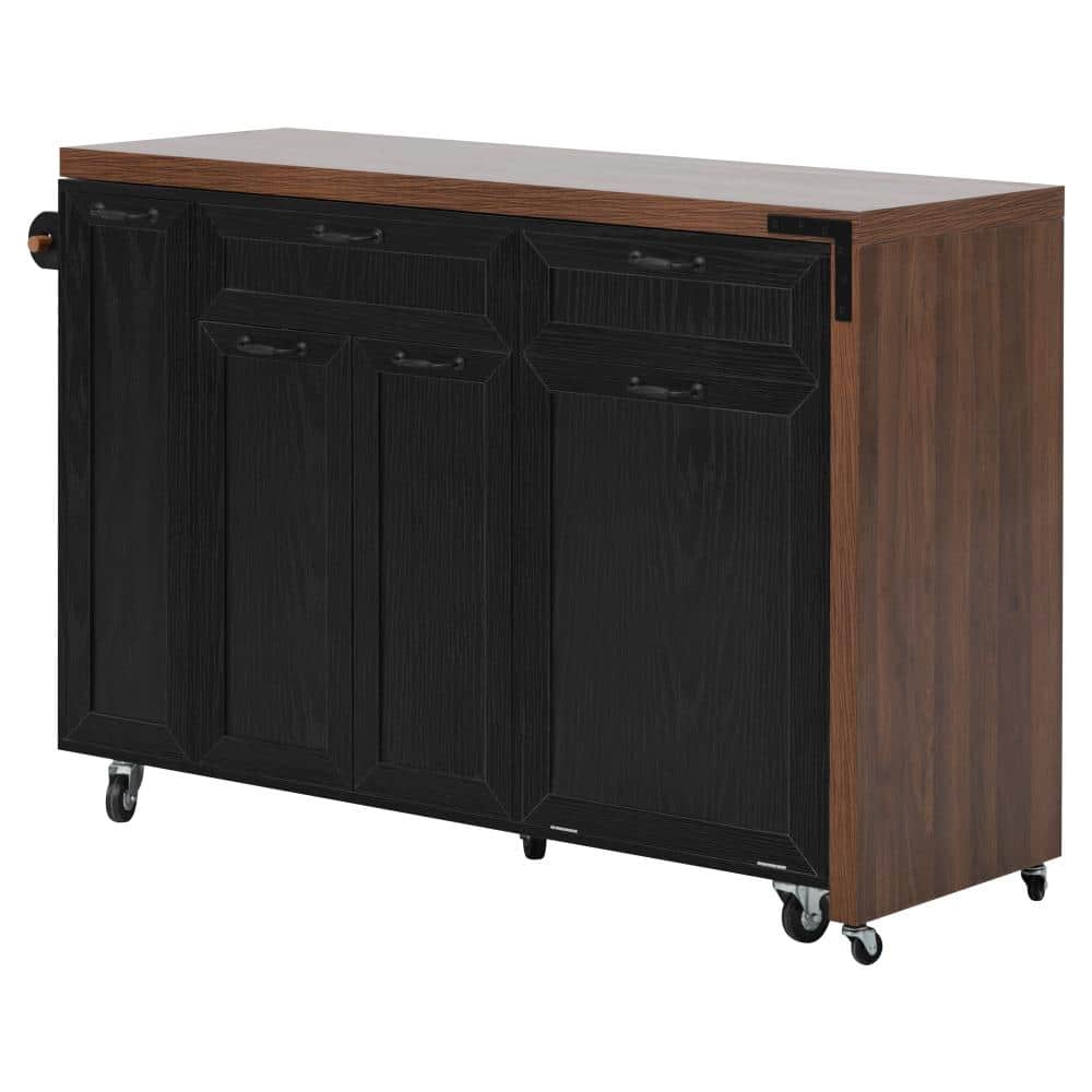 Black Wood 56.3 in. Farmhouse Kitchen Island on Extendable Dining Table and Drop Leaf