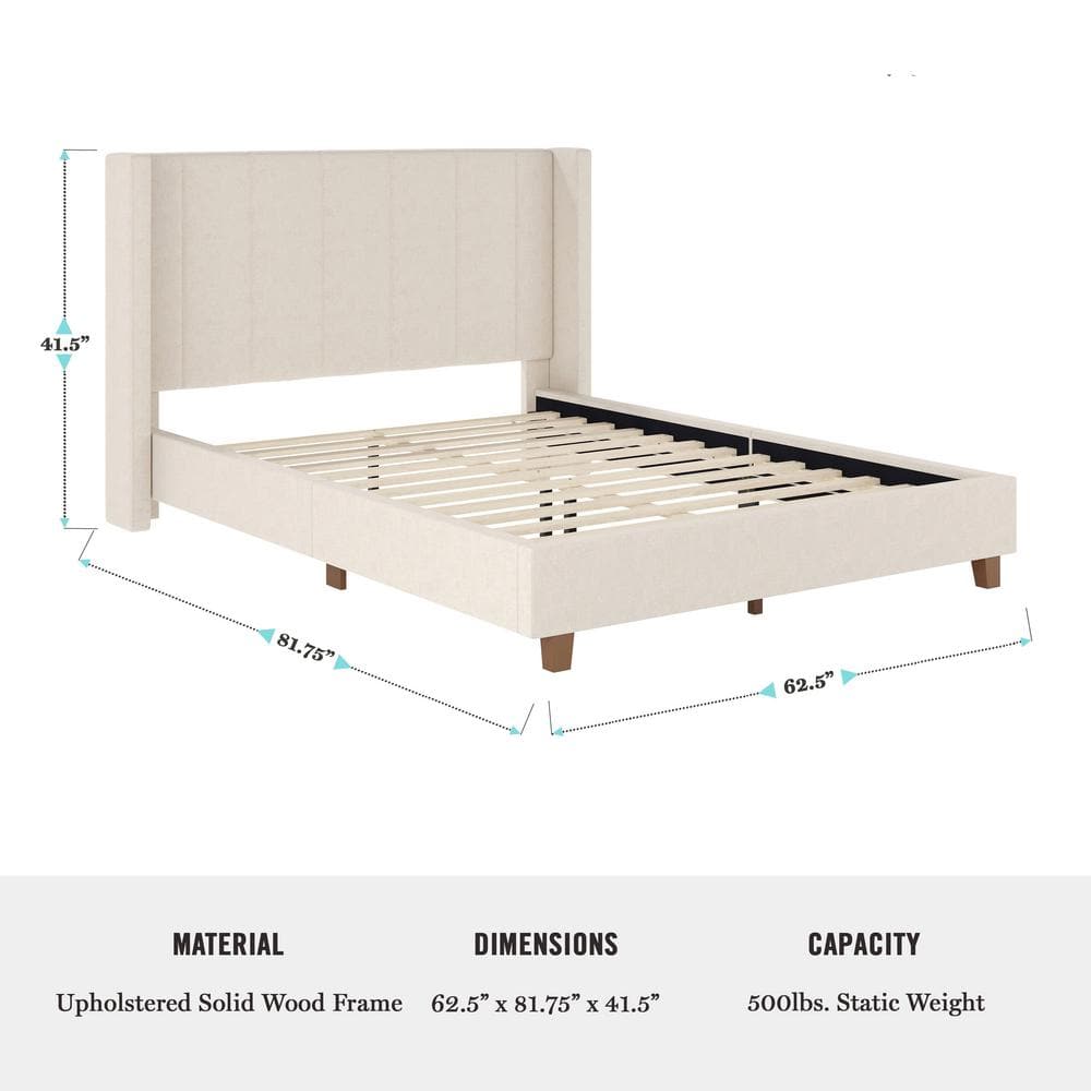 Beige Linen Upholstered Full Platform Bed with Wood Frame