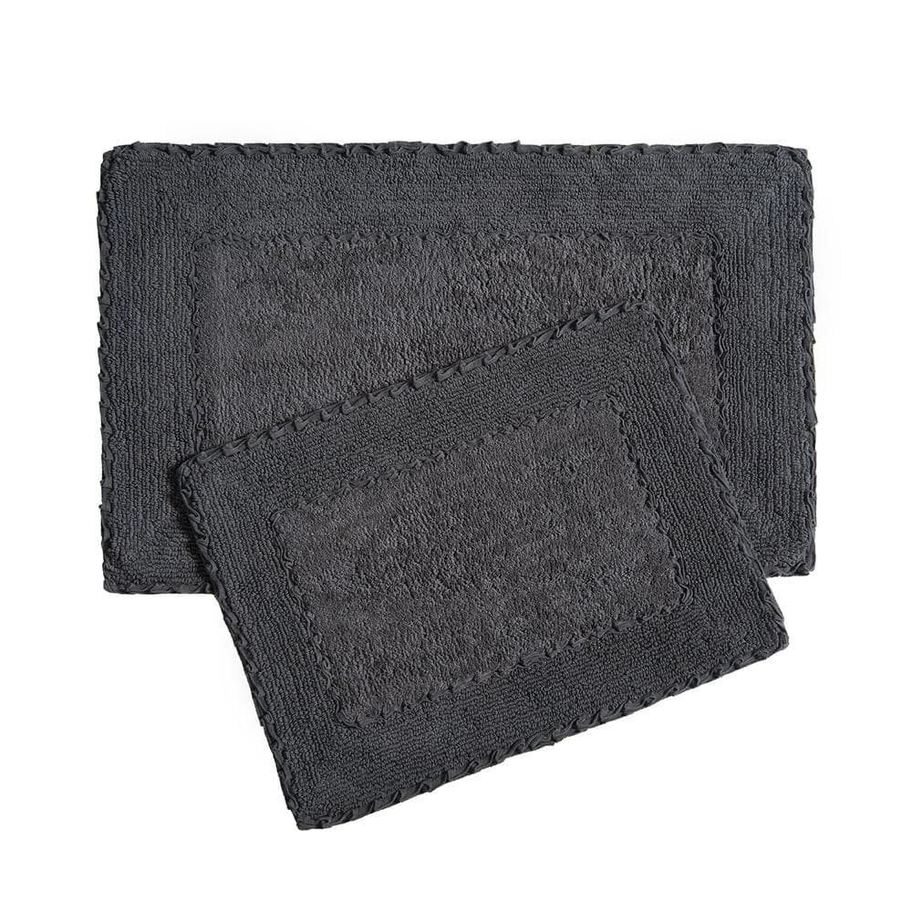 Dark Gray Cotton Ruffle Border Machine Washable Bath Mat Set