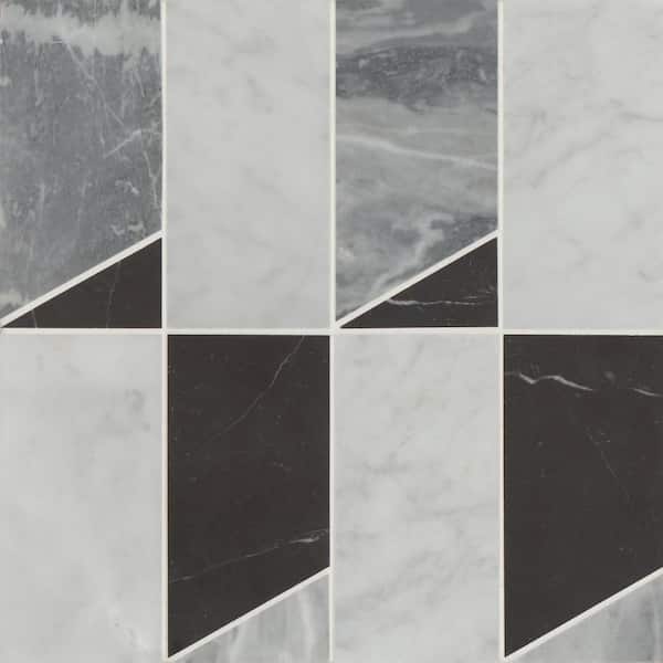 Modni White Carrara / Nero Marquina / Bardiglio Nuvolato 2x4 in. Geometric Honed Marble Mosaic Tile (10.1 sq. ft. /Case)