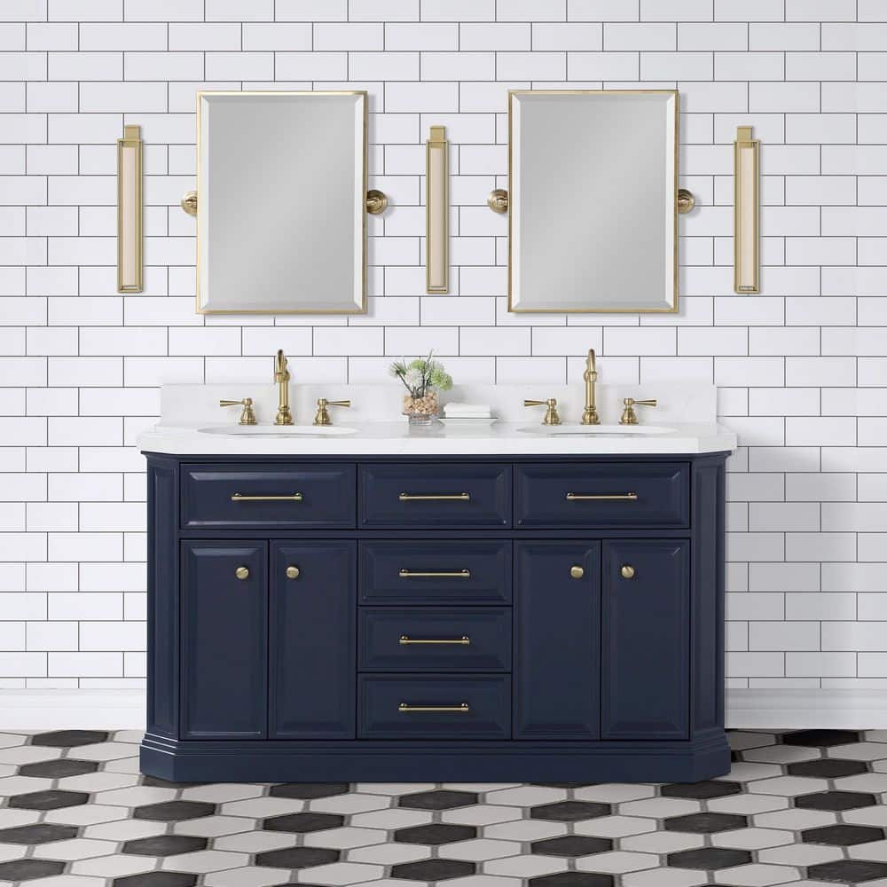 Palace 60 in. W x 22 in. D x 34 in. H Double Sink Bath Vanity in Monarch Blue with Carrara White Quartz Top and Faucets price history on PriceWatchPro