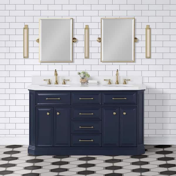 Water Creation Palace 60 in. W x 22 in. D x 34 in. H Double Sink Bath Vanity in Monarch Blue with Carrara White Quartz Top and Faucets
