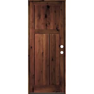 32 in. x 96 in. Rustic Knotty Alder 3-Panel Left Hand Red Mahogany Wood Prehung Front Door