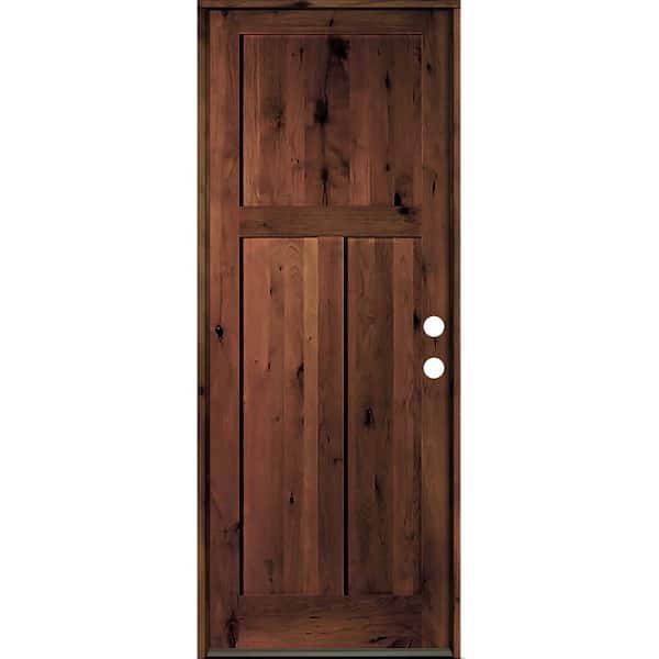 Krosswood Doors 32 in. x 96 in. Rustic Knotty Alder 3-Panel Left Hand Red Mahogany Wood Prehung Front Door