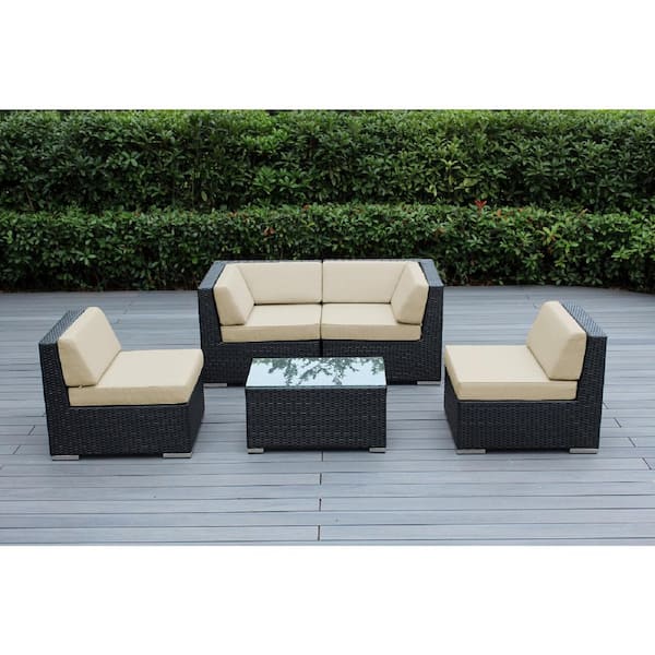Ohana Depot Ohana Black 5-Piece Wicker Patio Seating Set with Sunbrella Antique Beige Cushions
