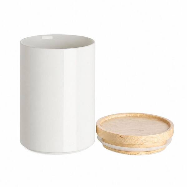 Ceramic Kitchen Canisters with Airtight Wooden Lid, Stackable Food Storage Jars, 58 Fl Oz, White