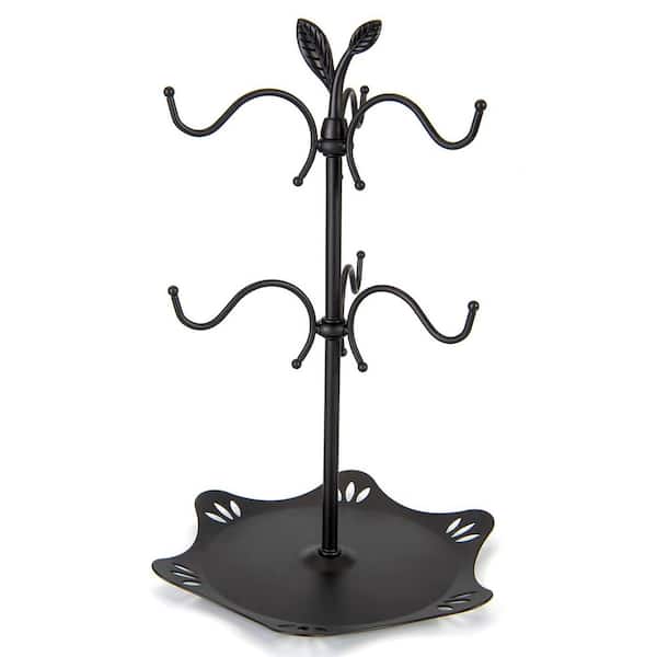 6-Hook Black Mug Tree with Tray Large Coffee Mug Holder for Countertop Kitchen Organizer and Space Saver