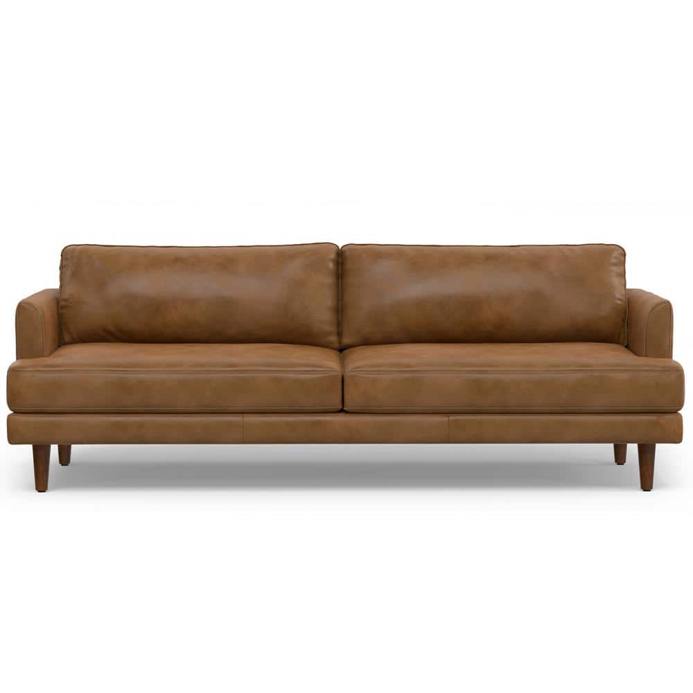 Simpli Home Livingston Mid-Century Modern 90 in. Wide Sofa in Caramel ...