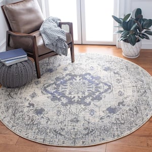 Monaco Ivory/Gray 7 ft. x 7 ft. Distressed Border Medallion Round Area Rug