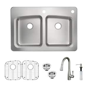 Belmar Dual Mount 18-Gauge Stainless Steel 33 in. 2-Hole 50/50 Double Bowl Kitchen Sink with Grid, Faucet and Soap Pump