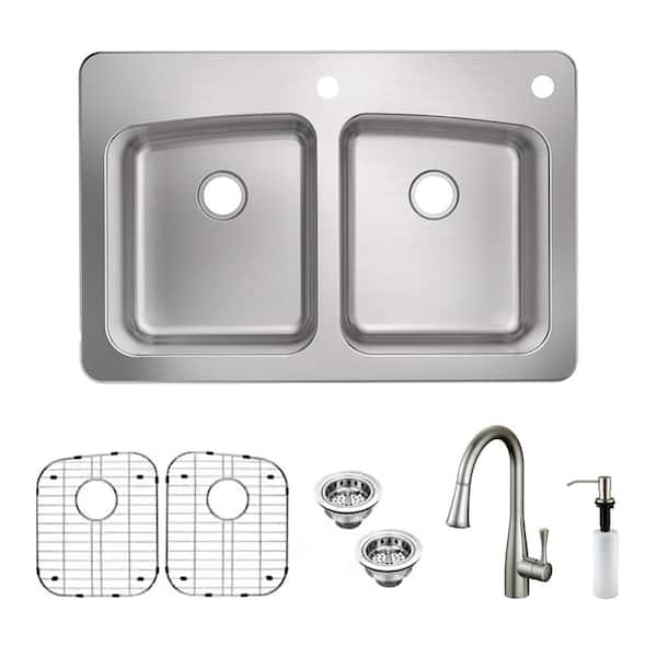 PELHAM & WHITE Belmar Dual Mount 18-Gauge Stainless Steel 33 in. 2-Hole 50/50 Double Bowl Kitchen Sink with Grid, Faucet and Soap Pump