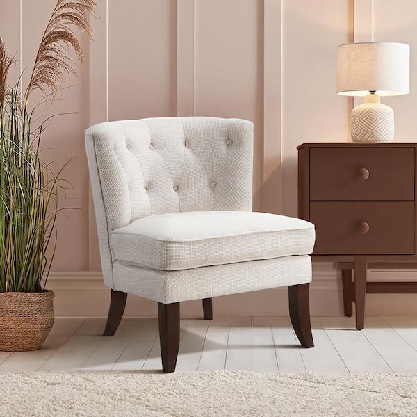 Rachael Beige Textured Fabric Upholstery Button Tufted Back Accent Armless Chair