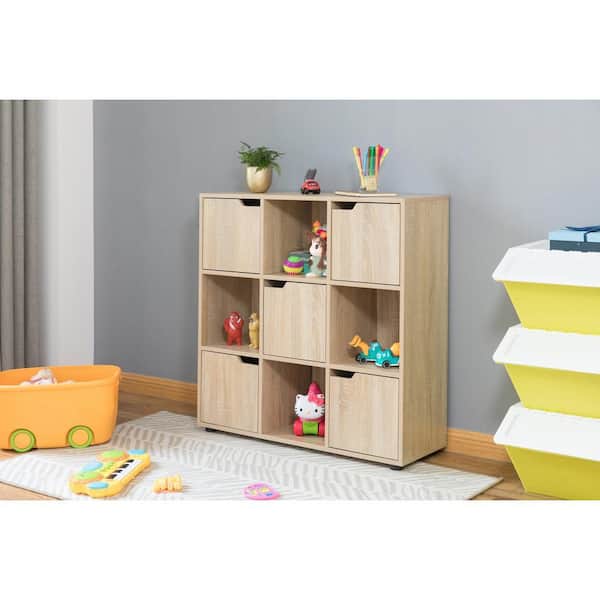 Basicwise 9-Cube Oak Wooden Organizer With 5-Enclosed Doors and 4
