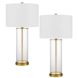 29 in. H Antique Brass Table Lamp Set with Drum Shade and Matching Finial (Set of 2)