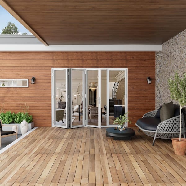 120 in. x 80 in. Left Swing/Outswing Double Tempered Glass White Aluminum Folding Patio Door