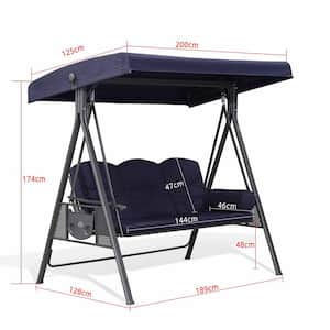 3-Person All-Weather Steel Frame Porch Swing with Adjustable Tilt Canopy, Cushions and Pillow Included, Navy Blue