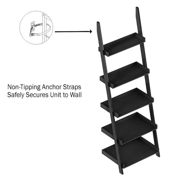 5 Shelf Ladder Bookcase Leaning Shelves, Black Steel Ladder Bookcase