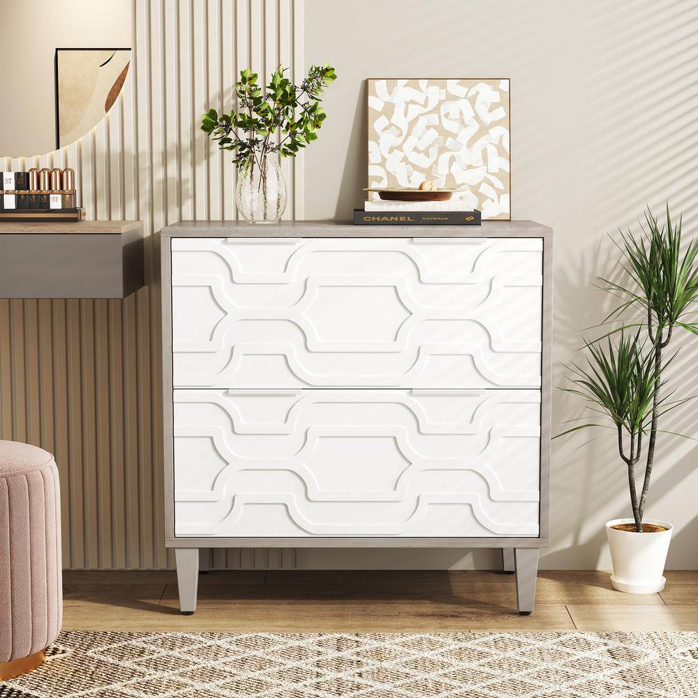 A gray and white 2-drawer file cabinet in a room setting.