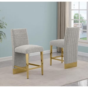 Melany 30 in. Rich Grey Color High Back Metal Frame Gold Iron Legs Bar Stool with Boucle Fabric Side Chair (Set of 2)