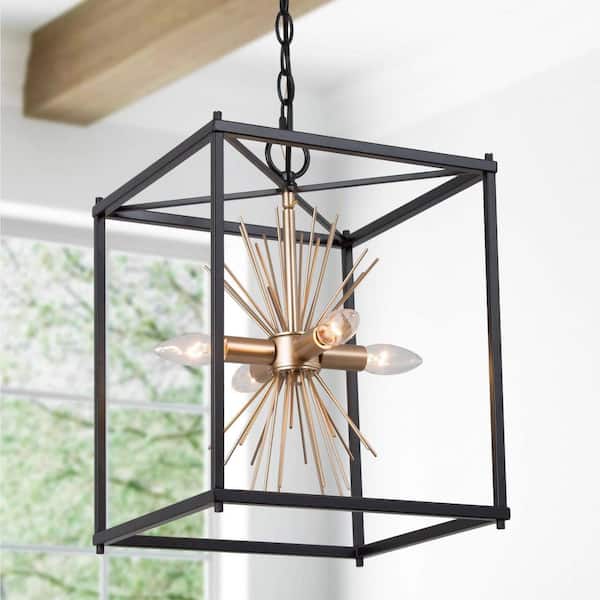 Uolfin Transitional Kitchen Island Pendant Light 4-Light Black and Brass Cage Pendant Light