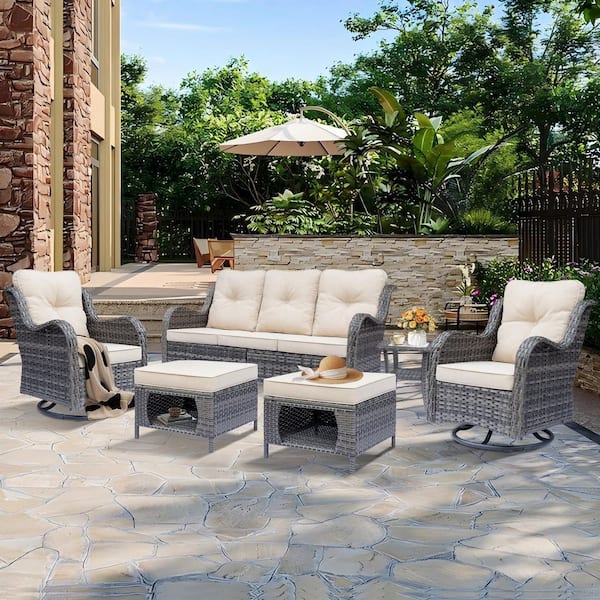 Gray 6-Piece Wicker Outdoor Patio Conversation Seating Sofa Set with Light Beige Cushions and Swivel Rocking Chairs