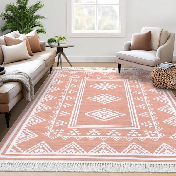 Tassel Printed Carpet Washable Area Rug Soft Non-Slip Bohemian Style Carpet for Bedroom Living Room Office Pink，9X12ft