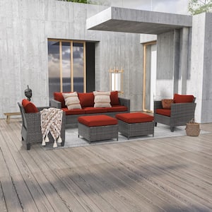 5-Piece Outdoor Patio Conversation Set Widened Back and Arm Grey Rattan 3-Seat Sofa 2-Ottomans, Rust Red