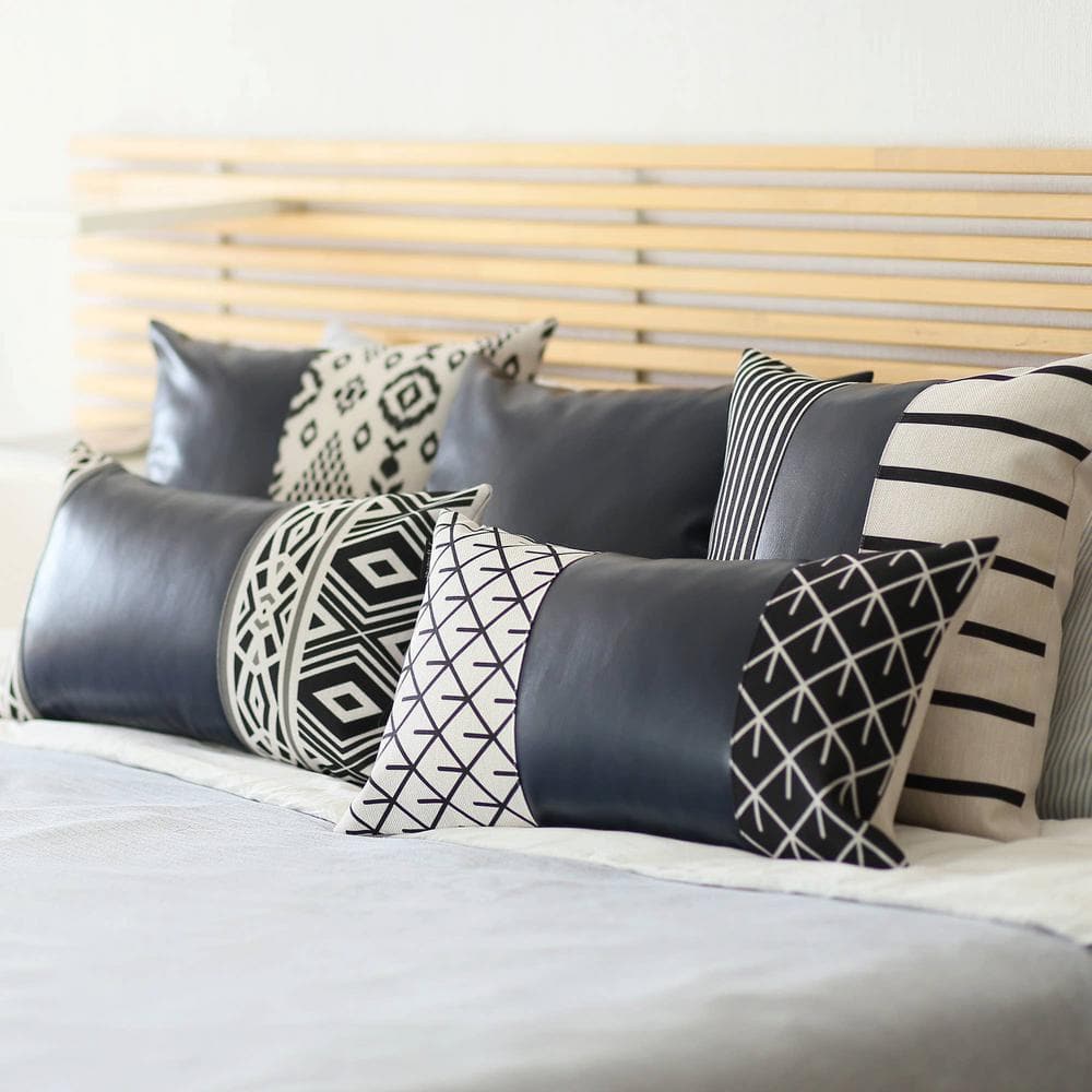 Navy Blue and Ivory Geometric Faux Leather Throw Pillow Cover 17" x 17"