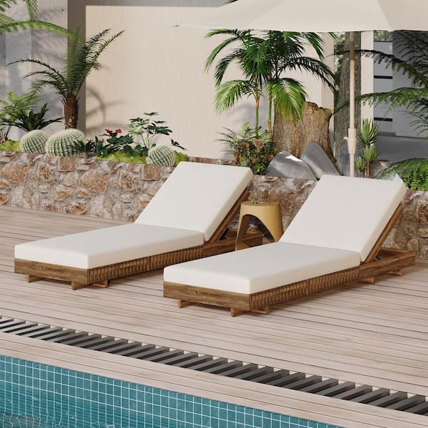 Bade Patio Solid Wood Adjustable Backrest Outdoor Chaise Lounge with Cream Cushion, Teak Finish, (Set of 2)