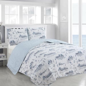 3-Piece Blue Coastal Toile Printed Full/Queen Microfiber Quilt Set Bedspread