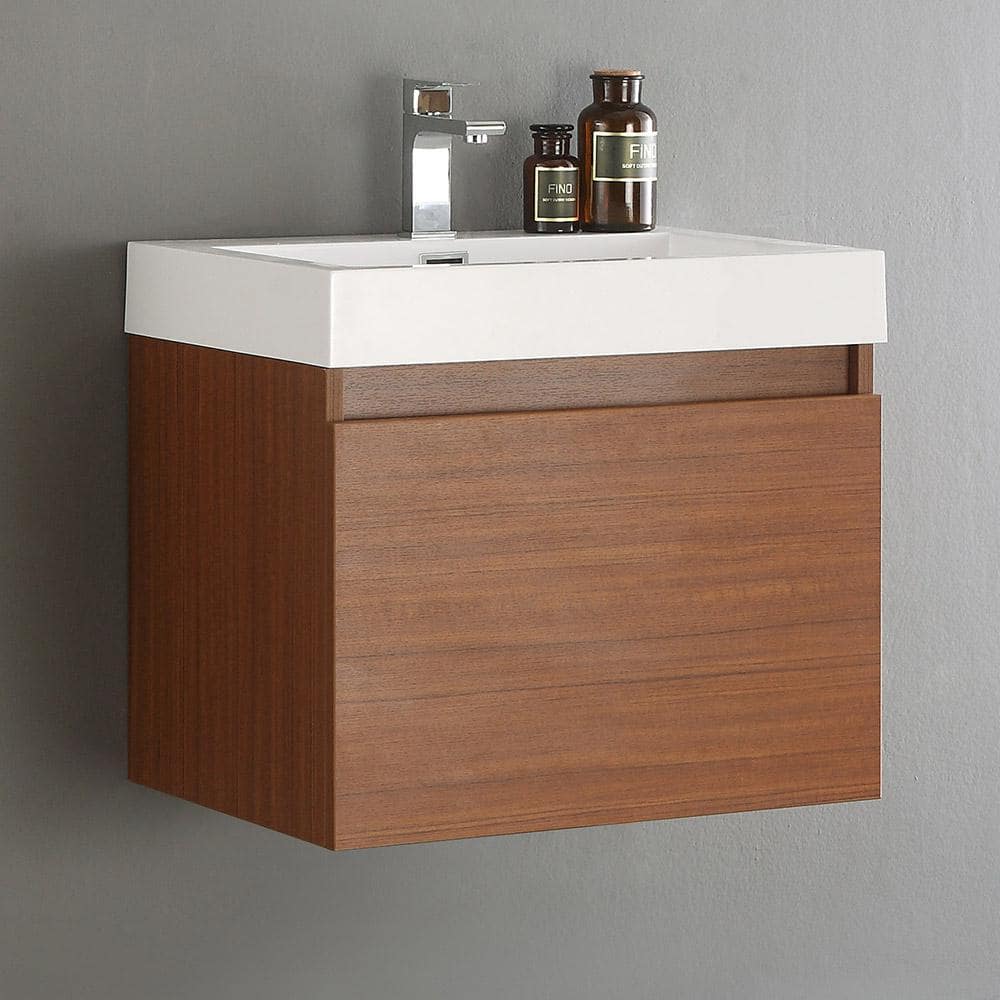 Teak Wall-Mounted Single Sink Vanity with Acrylic Top