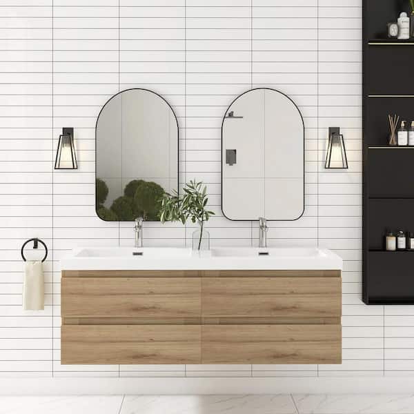 Angela 60 in. W x 19.5 in. D x 20.5 in. H Wall-Mounted Bath Vanity in F. Oak with White Cultured Marble Top