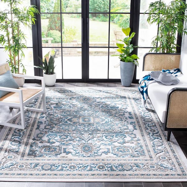 Cabana Navy/Gray 9 ft. x 12 ft. Border Medallion Floral Indoor/Outdoor Patio  Area Rug