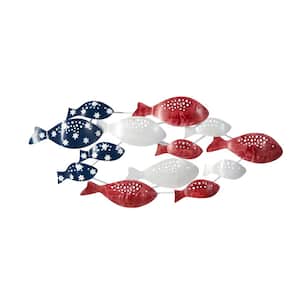 39 in. Patriotic Red, White and Blue Metal Fishes Wall Art Decor