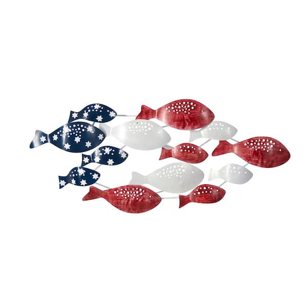Nearly Natural 39 in. Patriotic Red, White and Blue Metal Fishes Wall Art Decor