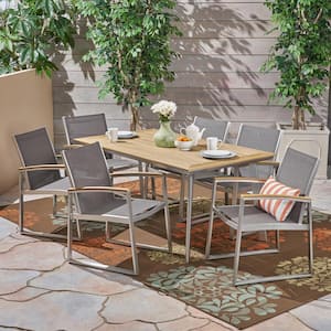 Leeds 7-Piece Silver and Grey Aluminum Outdoor Dining Set with Faux Wood Table Top