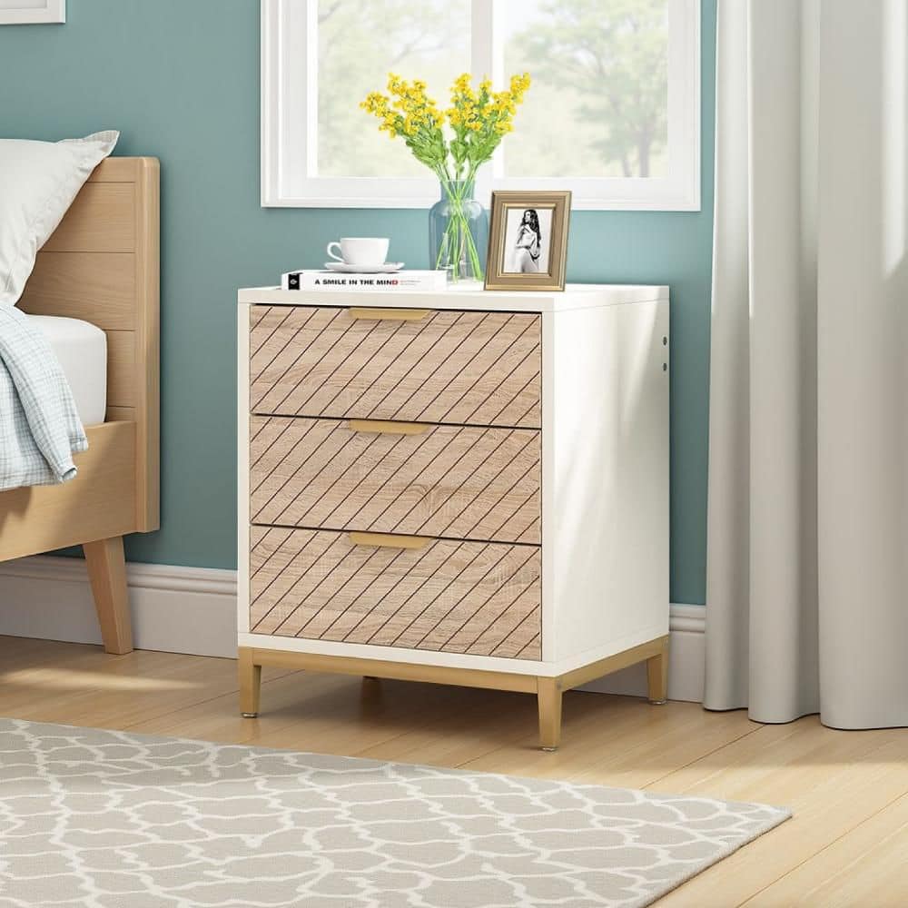 Bedside White, Brown and Gold 3 Drawer 19.69 in. W Nightstand