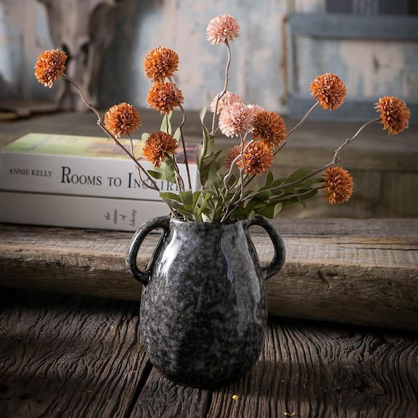 Unbranded 7 in. Tall Black Ceramic Round Vase with 2-Handles, Modern Farmhouse Vase for Home Decor, Rustic Terracotta Vase