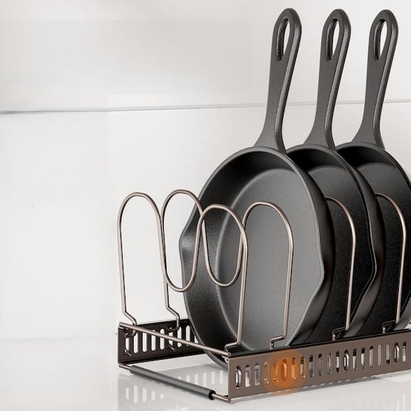 Bronze Expandable Iron Freestanding Pot Rack 12 Adjustable Dividers Cutting Board Holder and Anti-Scratch Strips
