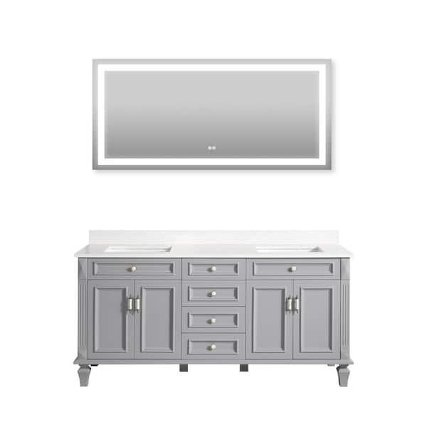 WELLFOR 72 in. W x 22 in. D x 35 in. H Solid Wood Double Sink Gray Bath Vanity w/ Carrera White Quartz Top w/ 60 in. LED Mirror
