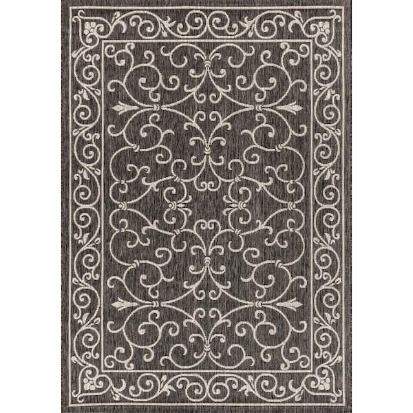Charleston Vintage Filigree Black/Gray 5 ft. 3 in. x 7 ft. 7 in. Textured Weave Indoor/Outdoor Area Rug