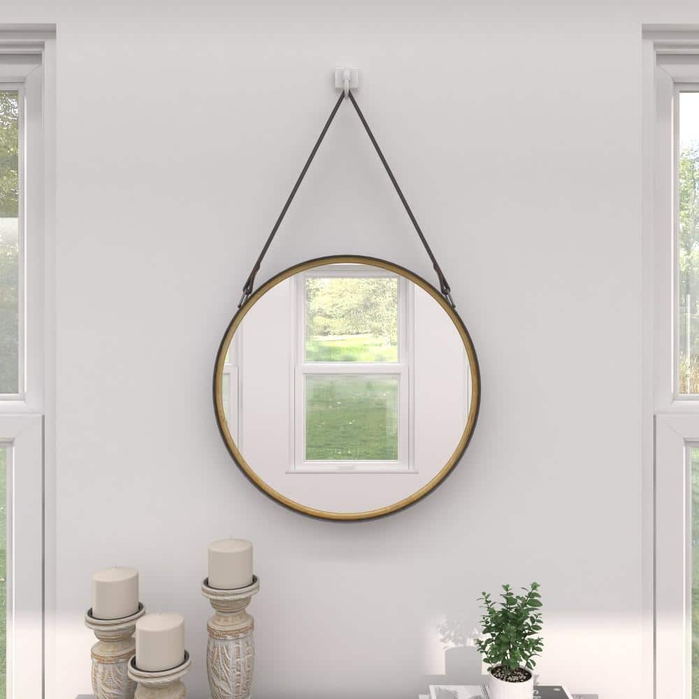 Contemporary Round Gold Metal Mirror with Leather Hang Strap