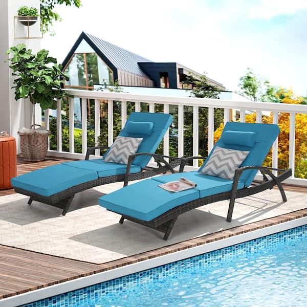 Set of 2 Black Wicker Outdoor Lounge Chair with Light Blue Cushions, Recliner up to 150°